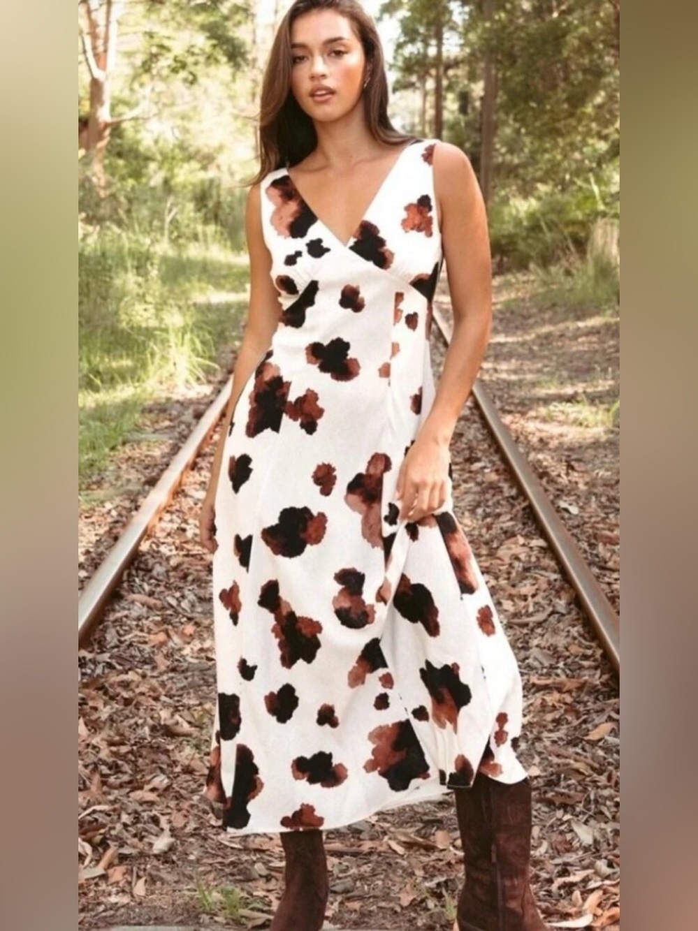 Paper Heart Sleeveless White Maxi Dress with Brown Spot Print